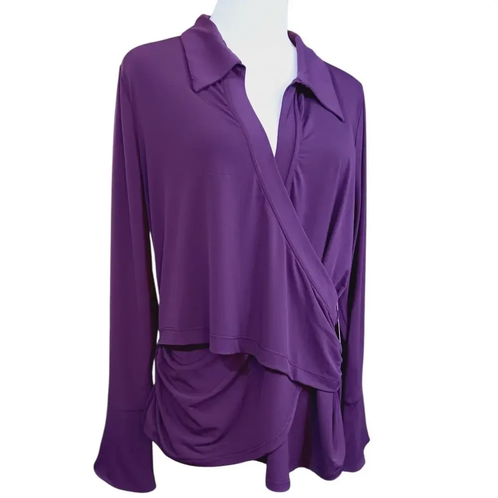 NEW ELOQUII Draped Faux Wrap Top Blouse 14/16‎ XL Stretch Purple Career Event